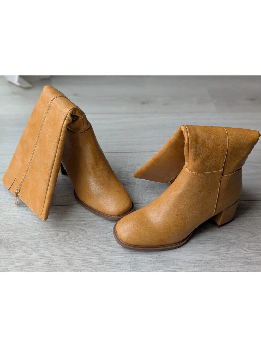 Aiuniind Tan Camel Square Toe Chunky Heel Knee High Boots 9.5